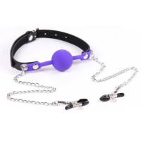 Силиконовый кляп пурпурный и зажимы для сосков