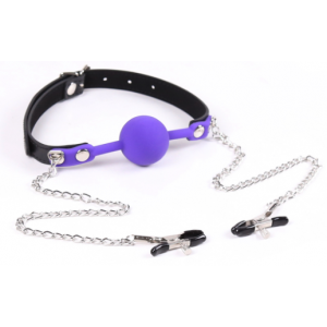 Силиконовый кляп пурпурный и зажимы для сосков