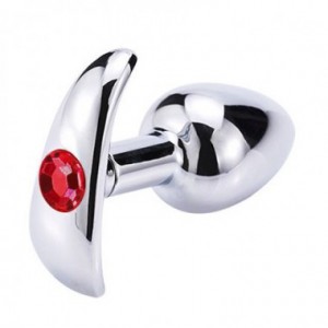 Металлическая анальная пробка с съемным хвостиком и кристаллом красного цвета (иной угол)