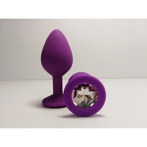 Силиконовая анальная пробка M пурпурная с прозрачным камушком (иной угол)